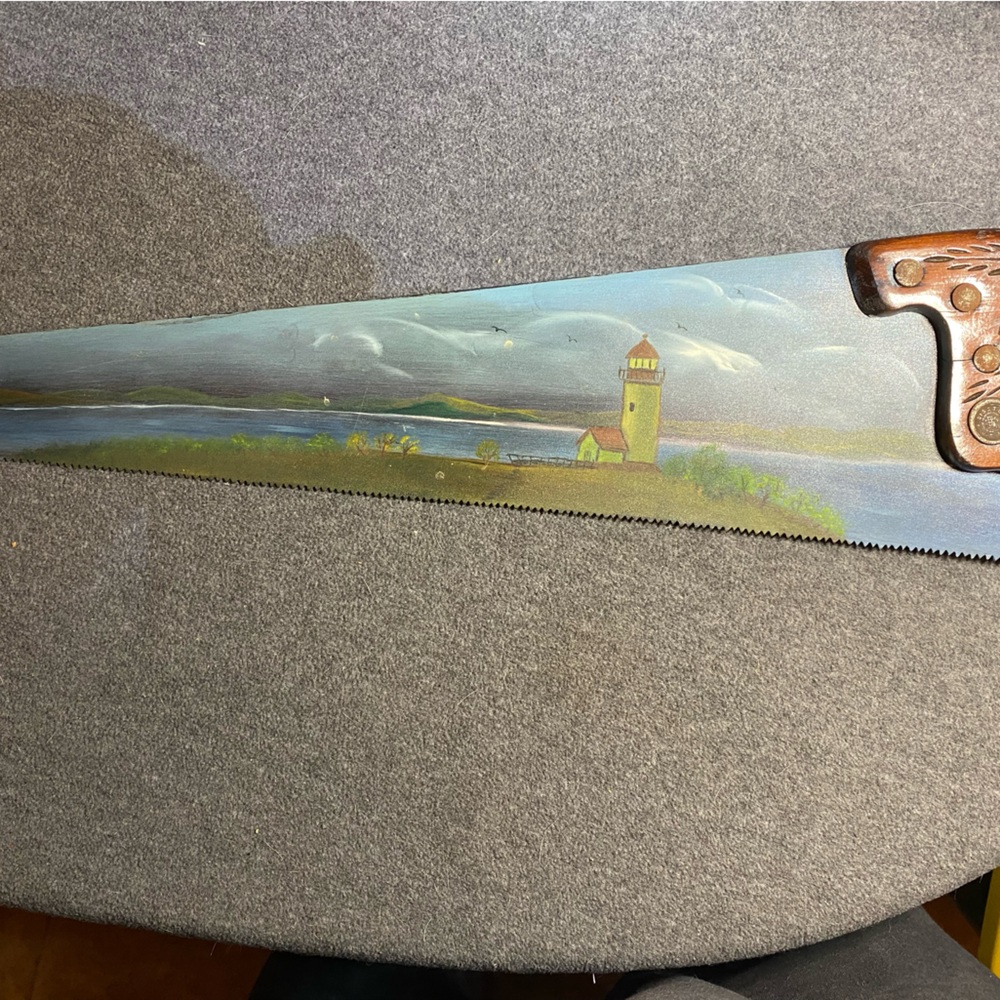 Antique Hand Saw with Painted Scene on Blade